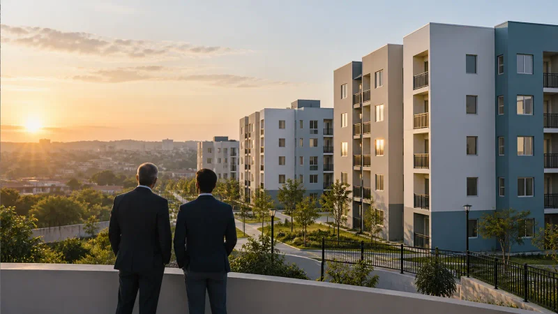 Dois executivos vistos de costas diante de conjunto residencial contemporâneo