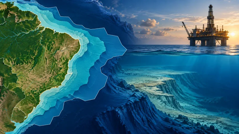 Colagem clean com plataforma offshore, mapa e plataforma continental