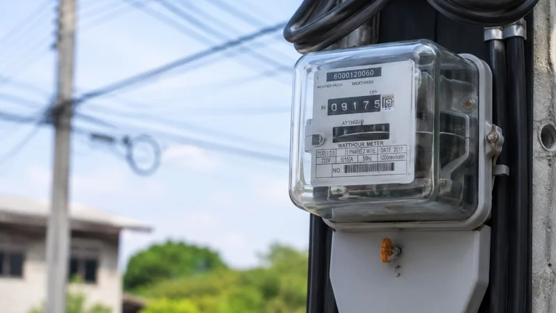 Medidor de energia elétrica instalado em poste, com cabos da rede de distribuição ao fundo.