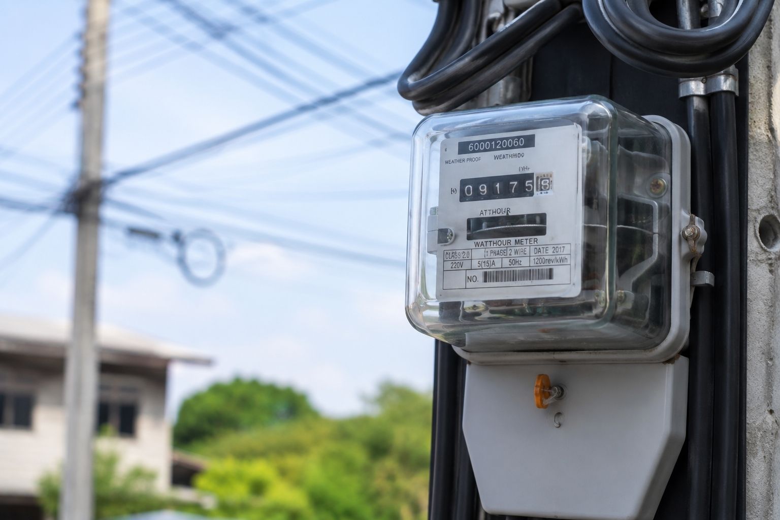 Medidor de energia elétrica instalado em poste, com cabos da rede de distribuição ao fundo.