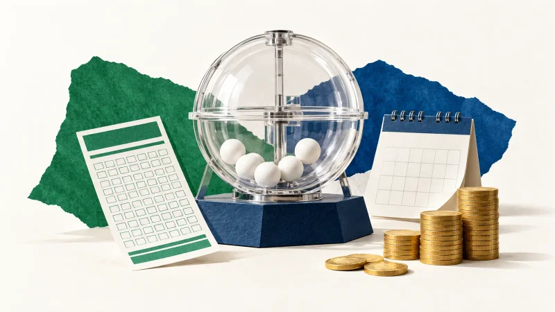 Colagem editorial com globo de sorteio, volante de loteria, calendário e moedas