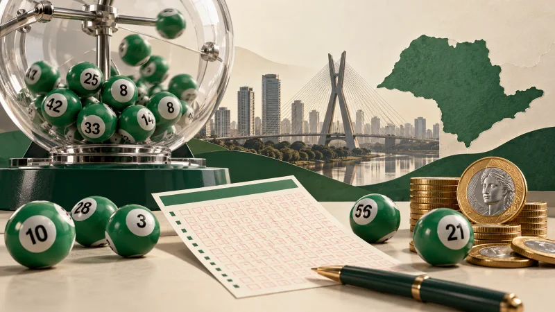 Colagem minimalista com globo de sorteio, bolas verdes numeradas, volante de loteria, moedas e paisagem de São Paulo