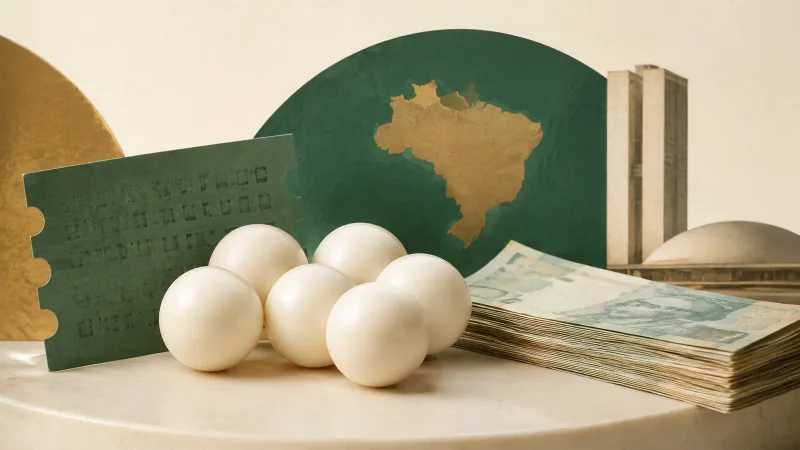 Seis bolas de loteria sem números ao lado de bilhete verde e pilha de dinheiro em composição minimalista