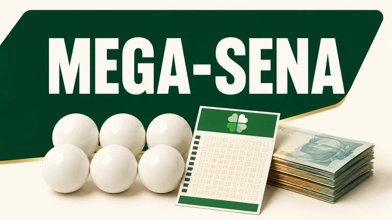 Texto Mega-Sena acima de seis bolas de loteria, volante verde e dinheiro em composição minimalista