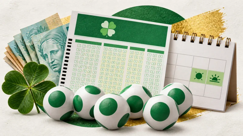 Volante verde, bolas de loteria, calendário e cédulas representam o prêmio de R$ 85 milhões da Mega-Sena