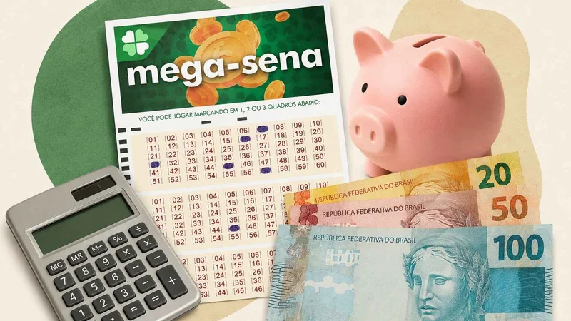  Volante da Mega-Sena ao lado de cofrinho, calculadora e cédulas de real em composição sobre prêmio e finanças.