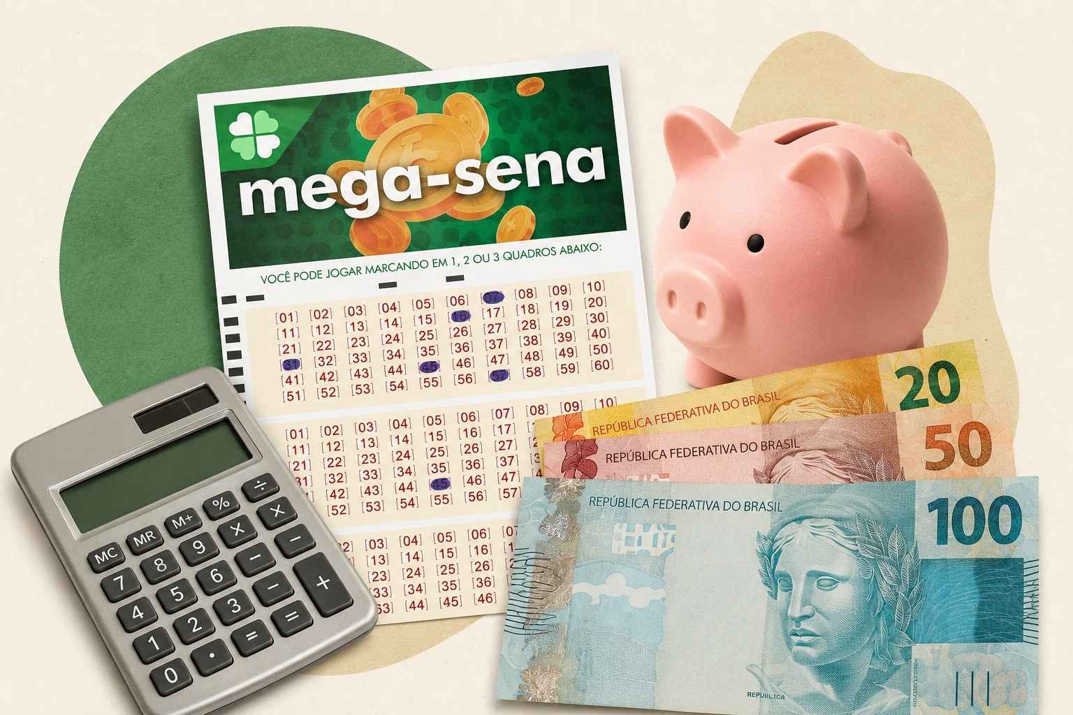 Volante da Mega-Sena ao lado de cofrinho, calculadora e cédulas de real em composição sobre prêmio e finanças.