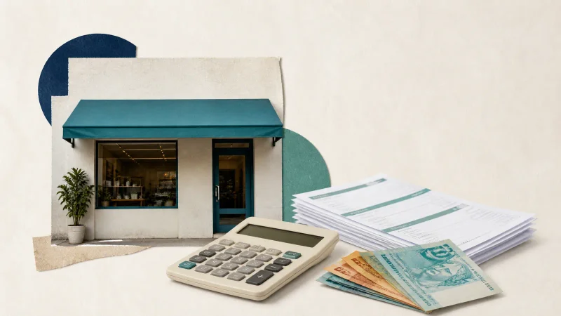 Pequeno comércio, calculadora, boletos e cédulas representam a negociação de dívidas do MEI