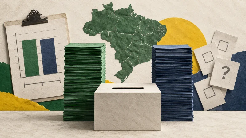 Colagem editorial com urna, mapa do Brasil e pilhas de votos quase iguais representando pesquisa eleitoral
