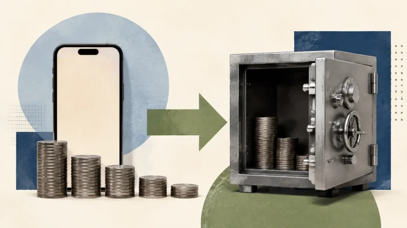 Colagem minimalista com smartphone, moedas e cofre representando a reorganização de capital do Méliuz