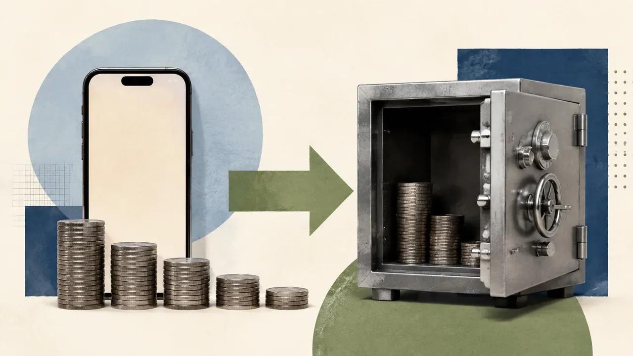 Colagem minimalista com smartphone, moedas e cofre representando a reorganização de capital do Méliuz
