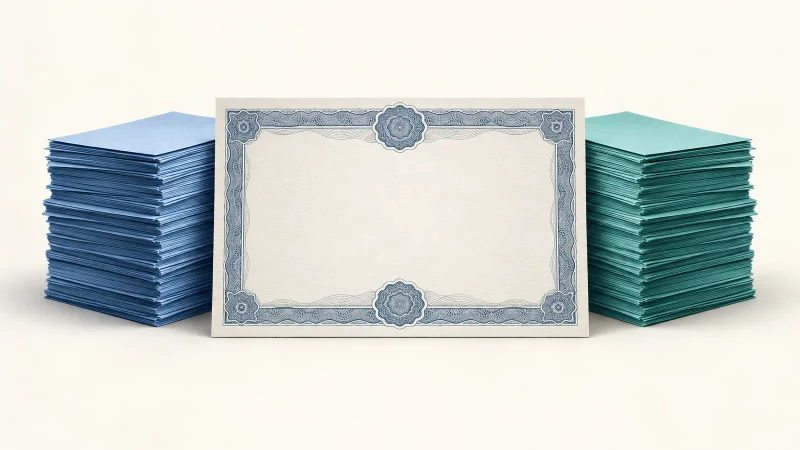 Colagem ilustrativa com certificado de ações e pilhas de documentos