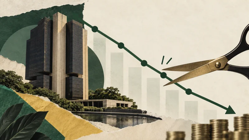 Colagem editorial clean sobre mercado eleva chance de corte de 0,50 ponto na selic para 45%