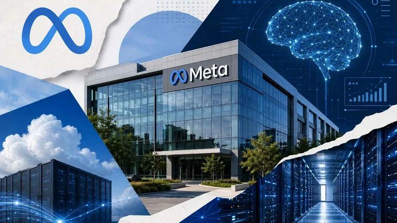 Colagem com prédio da Meta, servidores de data center e ilustração de inteligência artificial.