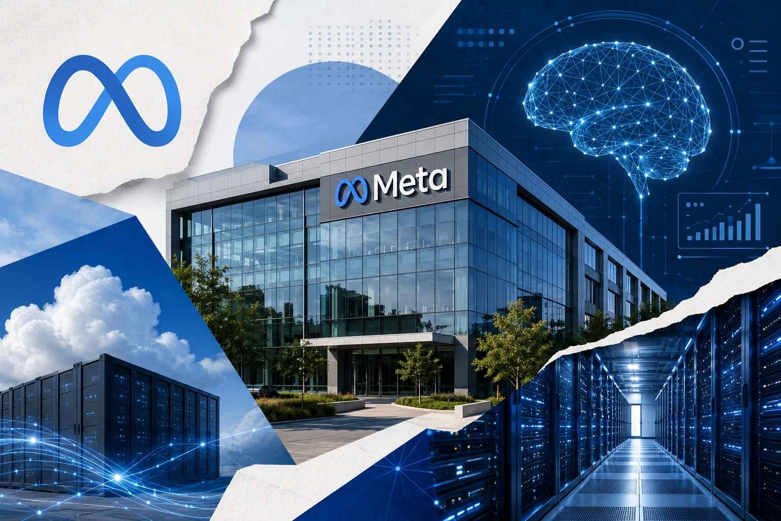 Colagem com prédio da Meta, servidores de data center e ilustração de inteligência artificial.