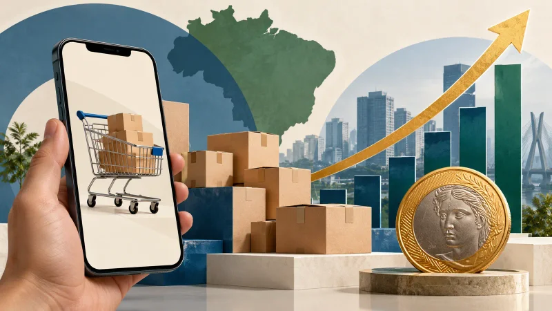 Colagem minimalista com celular de compras, carrinho, caixas, moeda brasileira e gráfico em alta