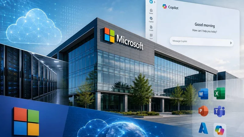 Colagem com sede da Microsoft, servidores de data center, computação em nuvem e interface do Copilot.