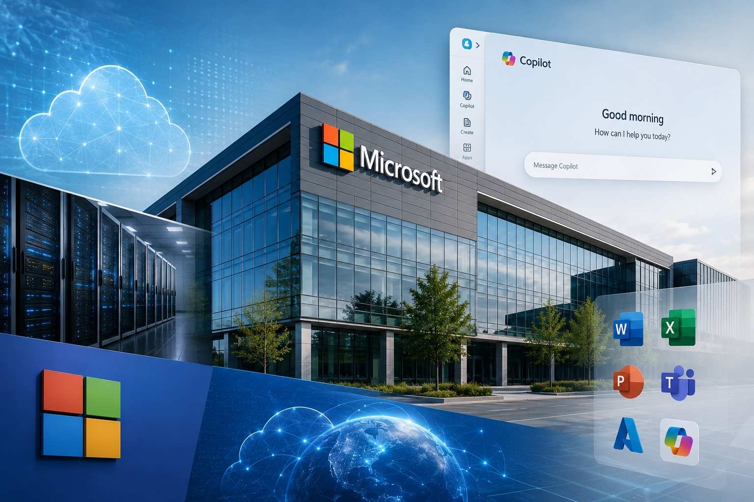 Colagem com sede da Microsoft, servidores de data center, computação em nuvem e interface do Copilot.