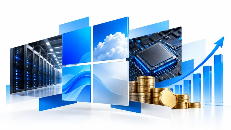 Colagem minimalista com data center, processador, nuvem, moedas e gráfico azul