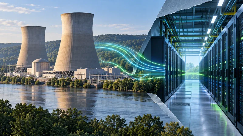 Colagem editorial de Three Mile Island conectada a servidores de inteligência artificial