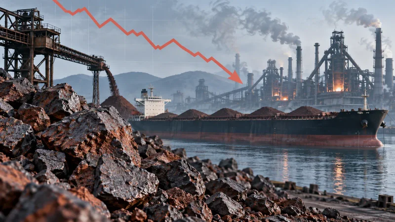 Minério de ferro, alto-forno e gráfico em queda em colagem editorial minimalista