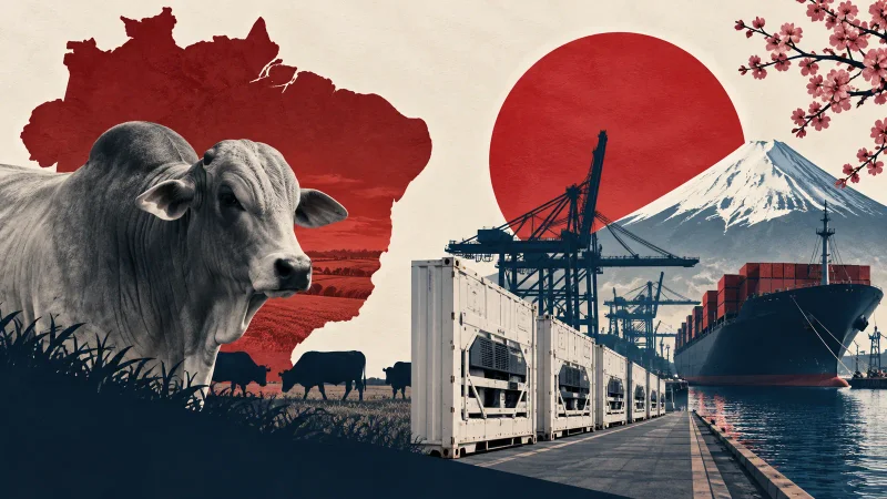 Colagem clean com contêineres refrigerados, gado e porto japonês