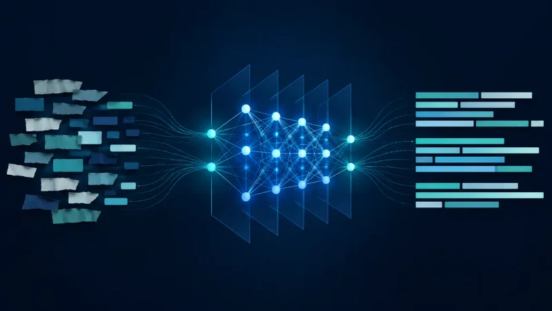 Colagem minimalista mostra tokens passando por uma rede de modelo de linguagem LLM