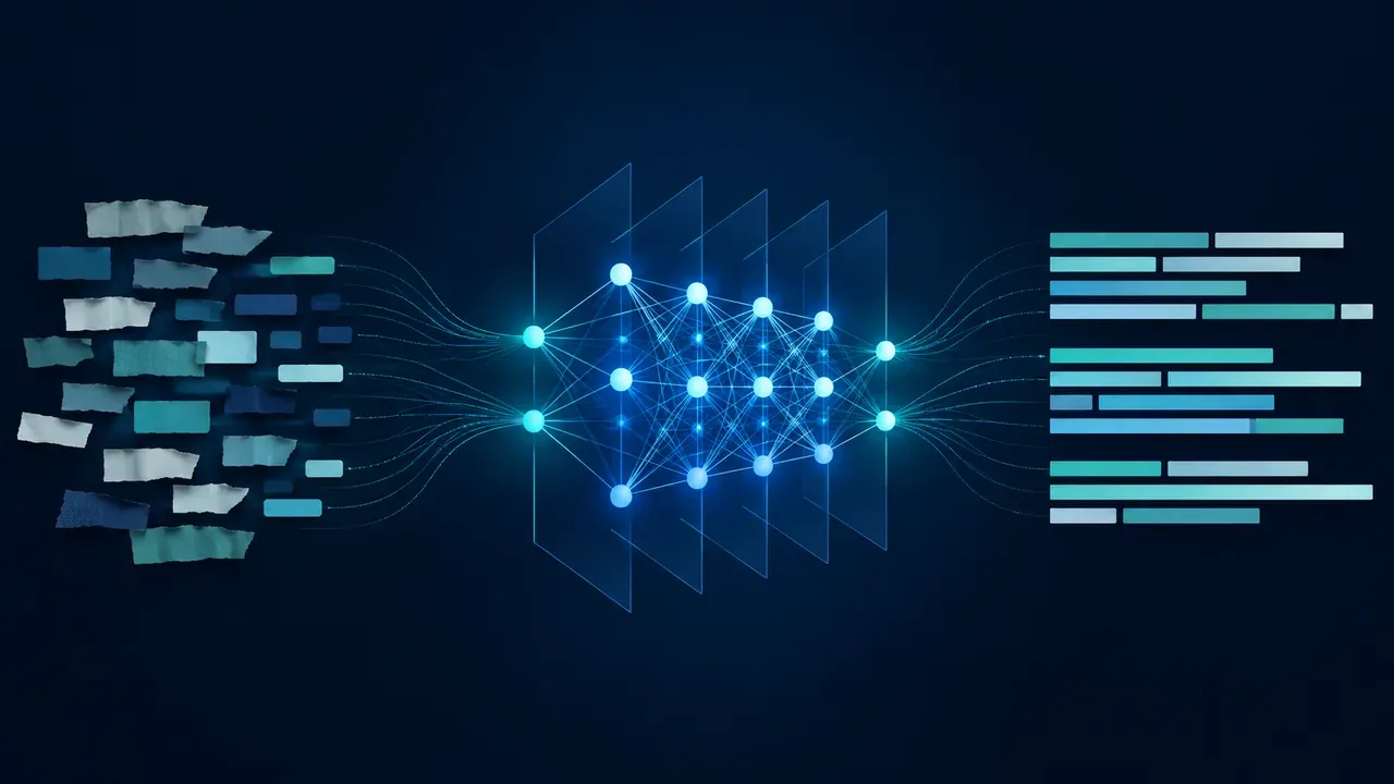 Colagem minimalista mostra tokens passando por uma rede de modelo de linguagem LLM