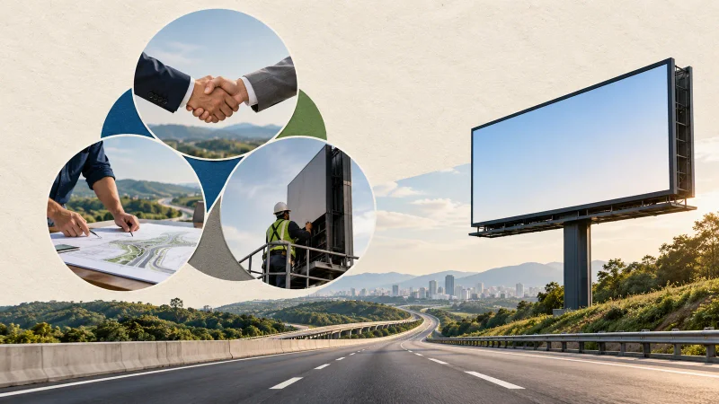 Rodovia, painel publicitário vazio e reunião empresarial em colagem editorial
