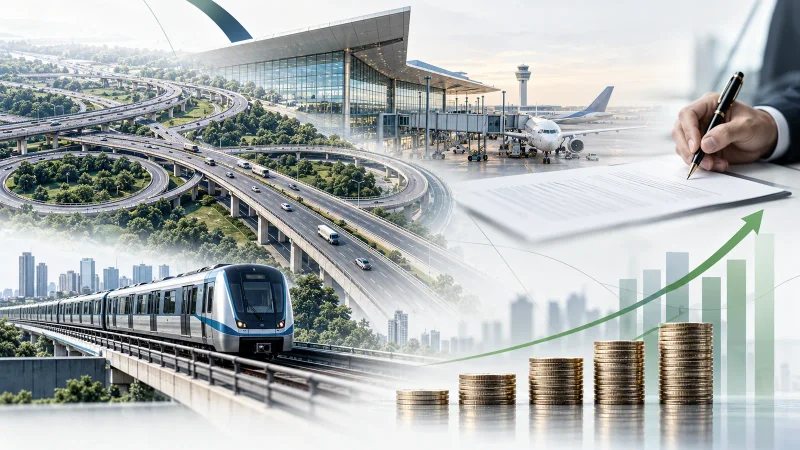 Colagem minimalista com rodovias, metrô, aeroporto, contrato e gráfico financeiro
