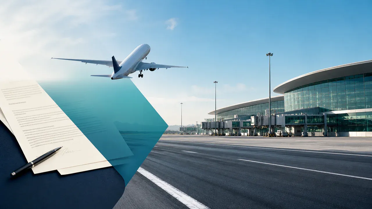 Aeroporto, avião e documento representam a venda da plataforma de aeroportos da Motiva