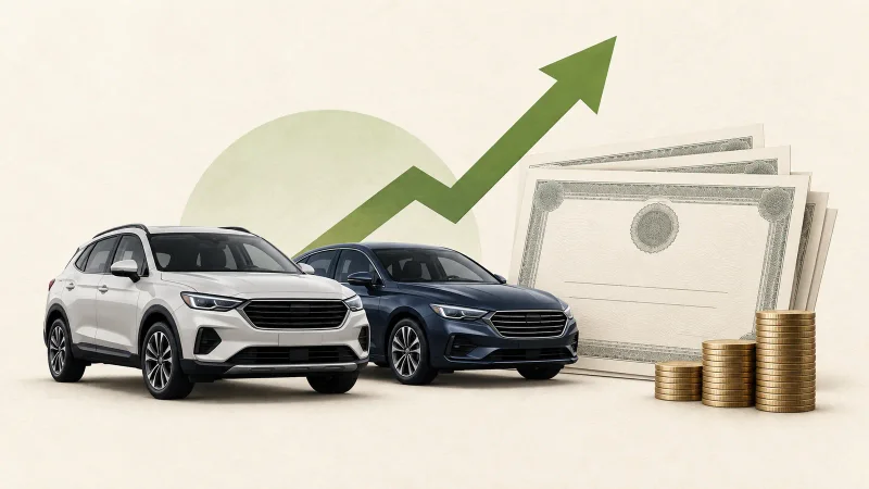Carros, certificados e seta de capital em colagem editorial
