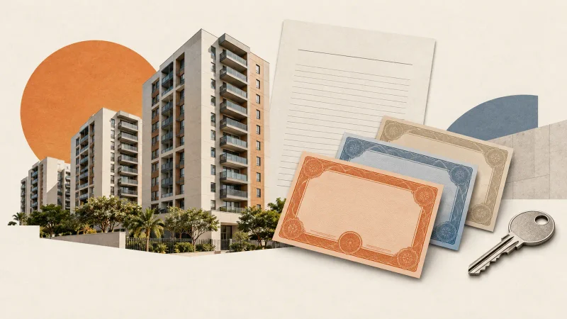 Edifícios residenciais, recebíveis, certificados e chave em colagem editorial