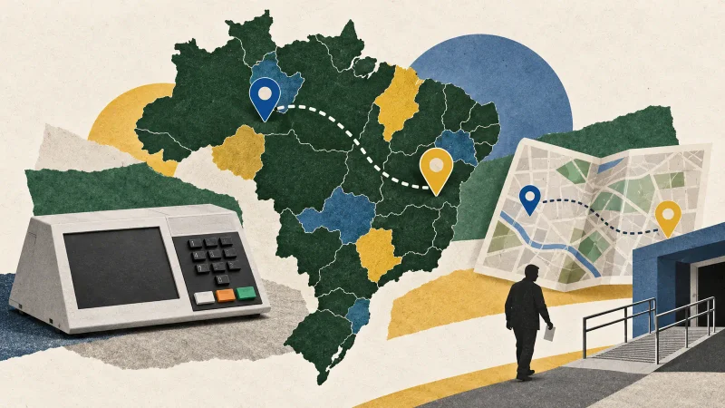 Colagem minimalista com mapa do Brasil, urna eletrônica, mapa de ruas, pontos de localização e acesso por rampa