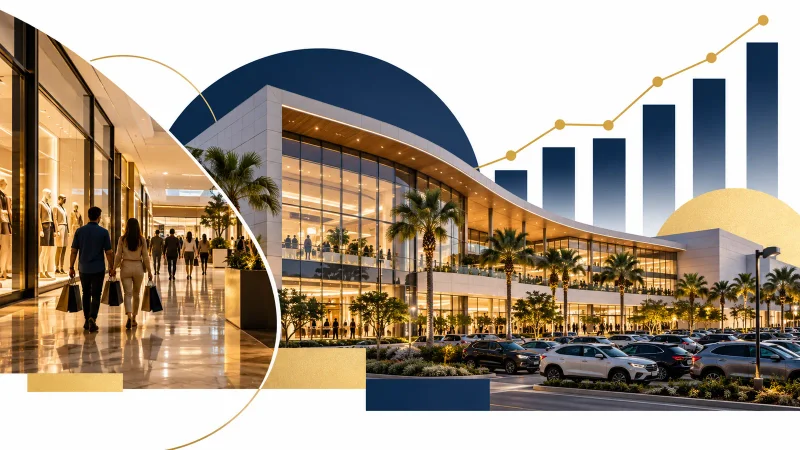 Colagem minimalista com shopping center, lojas, estacionamento e gráfico financeiro
