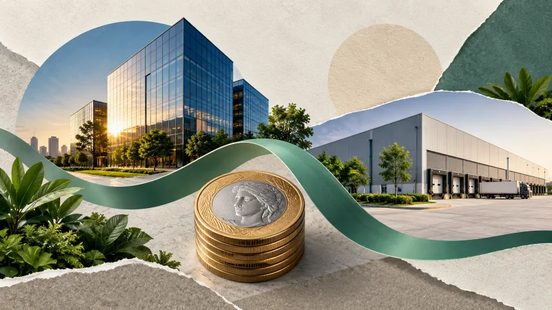 Colagem clean com imóveis, moedas e fluxo de renda