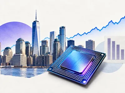 Colagem clean com Nova York, chip, gráfico em alta e indicador de empregos