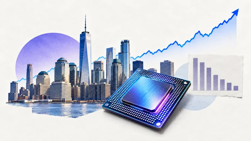 Colagem clean com Nova York, chip, gráfico em alta e indicador de empregos