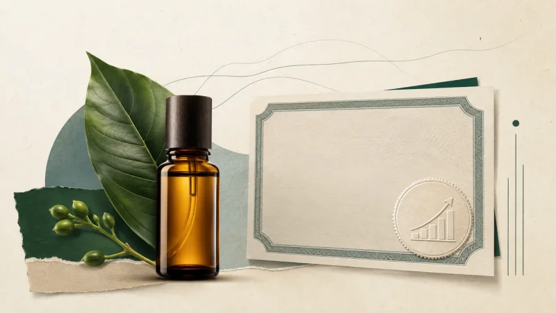 Colagem minimalista com cosmético, folha e certificado representando as debêntures da Natura