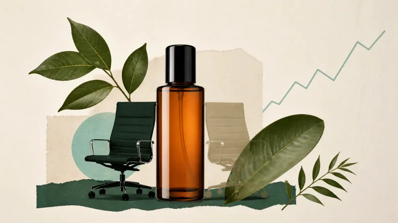 Frasco de cosmético, folhas e cadeiras executivas representam a troca de comando da Natura
