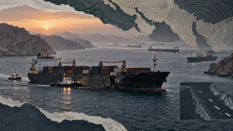 Colagem editorial de navio comercial no Estreito de Hormuz e rotas de petróleo