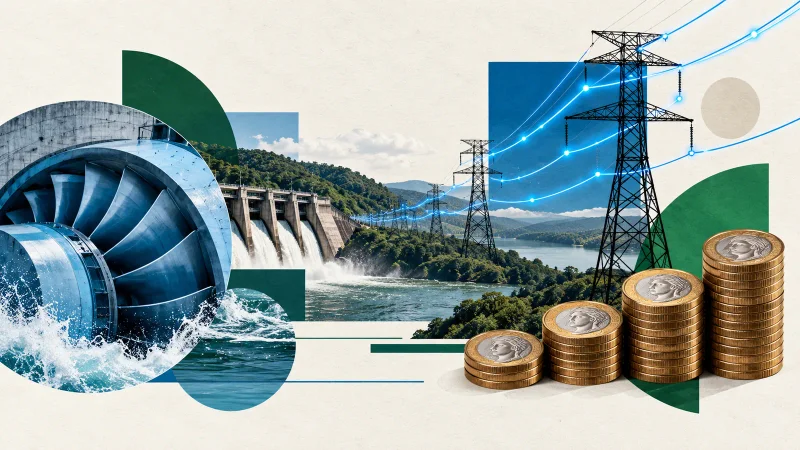 Colagem editorial com turbina, hidrelétrica, linhas de transmissão e moedas representando o balanço da Neoenergia