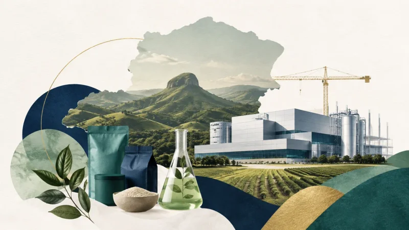 Colagem minimalista com fábrica de nutrição em construção e paisagem de Minas Gerais