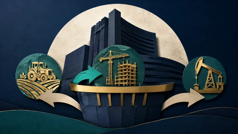 Colagem minimalista com cesta de índice da bolsa e símbolos de construção, petróleo e agricultura representando mudanças no Ibovespa