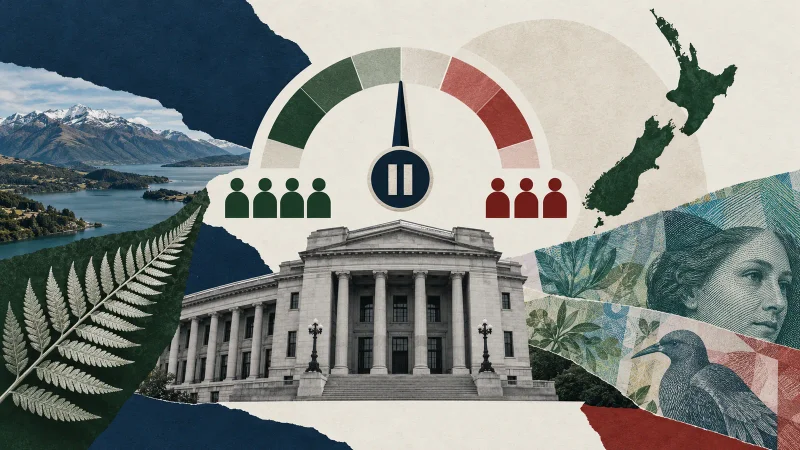 Colagem minimalista com mapa da Nova Zelândia, banco central, cédulas e votação dividida sobre os juros