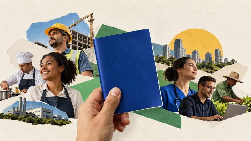 Carteira de trabalho e profissionais de diferentes setores em colagem editorial