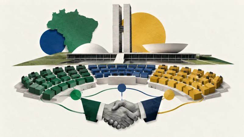 Colagem minimalista com plenário semicircular, Congresso e aperto de mãos