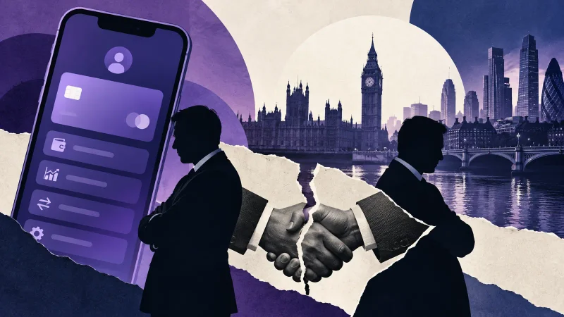 Colagem clean com celular bancário, Londres e aperto de mãos interrompido
