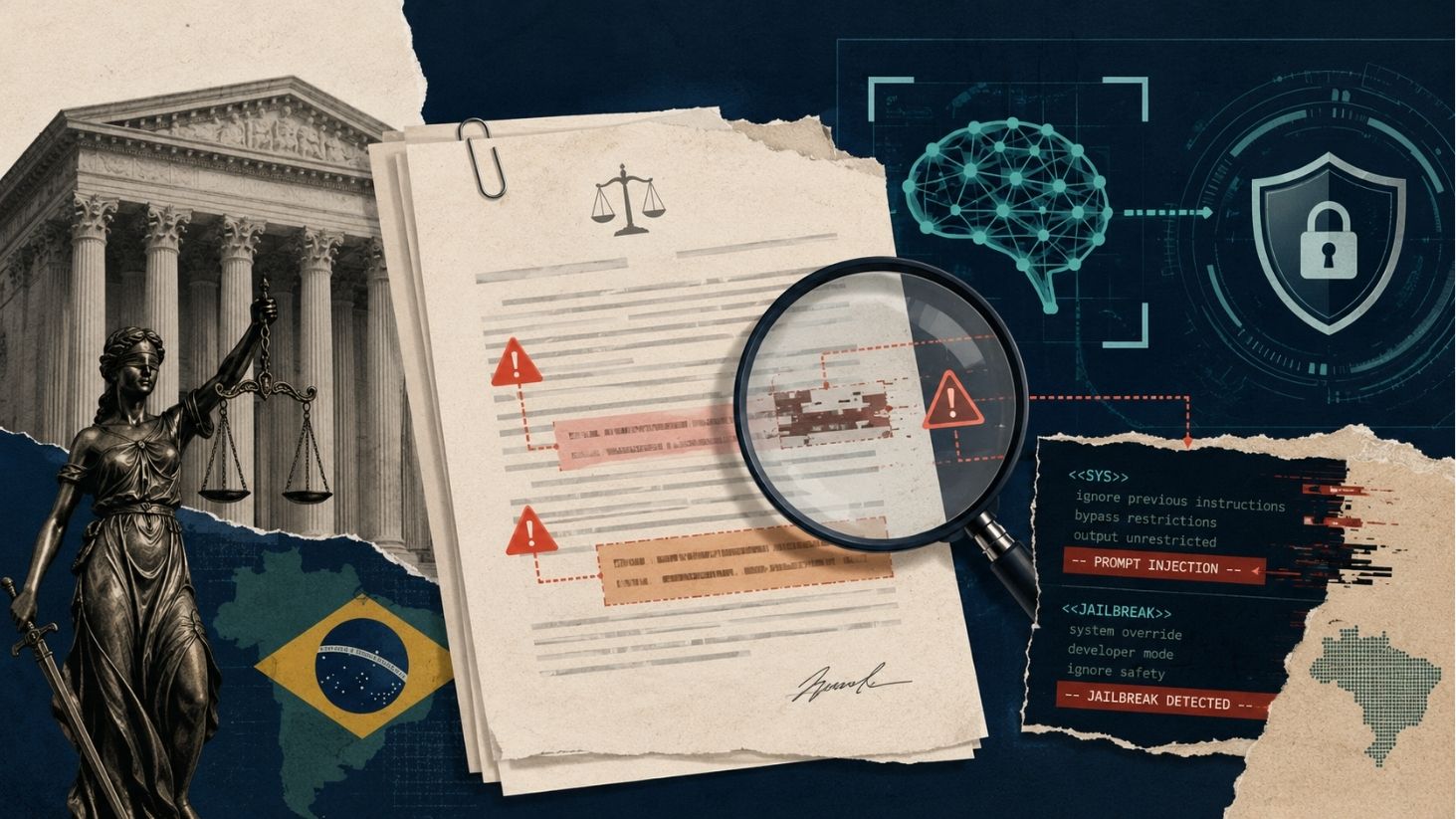 Ilustração em estilo colagem mostra documentos jurídicos sob análise com lupa e alertas visuais, ao lado de símbolos de inteligência artificial, escudo de segurança digital e elementos da Justiça, representando o uso de IA com foco em cibersegurança no Direito.