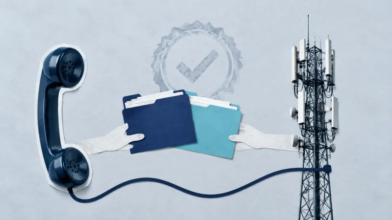 Colagem minimalista com telefone, torre e documentos representando a transferência da operação da Oi